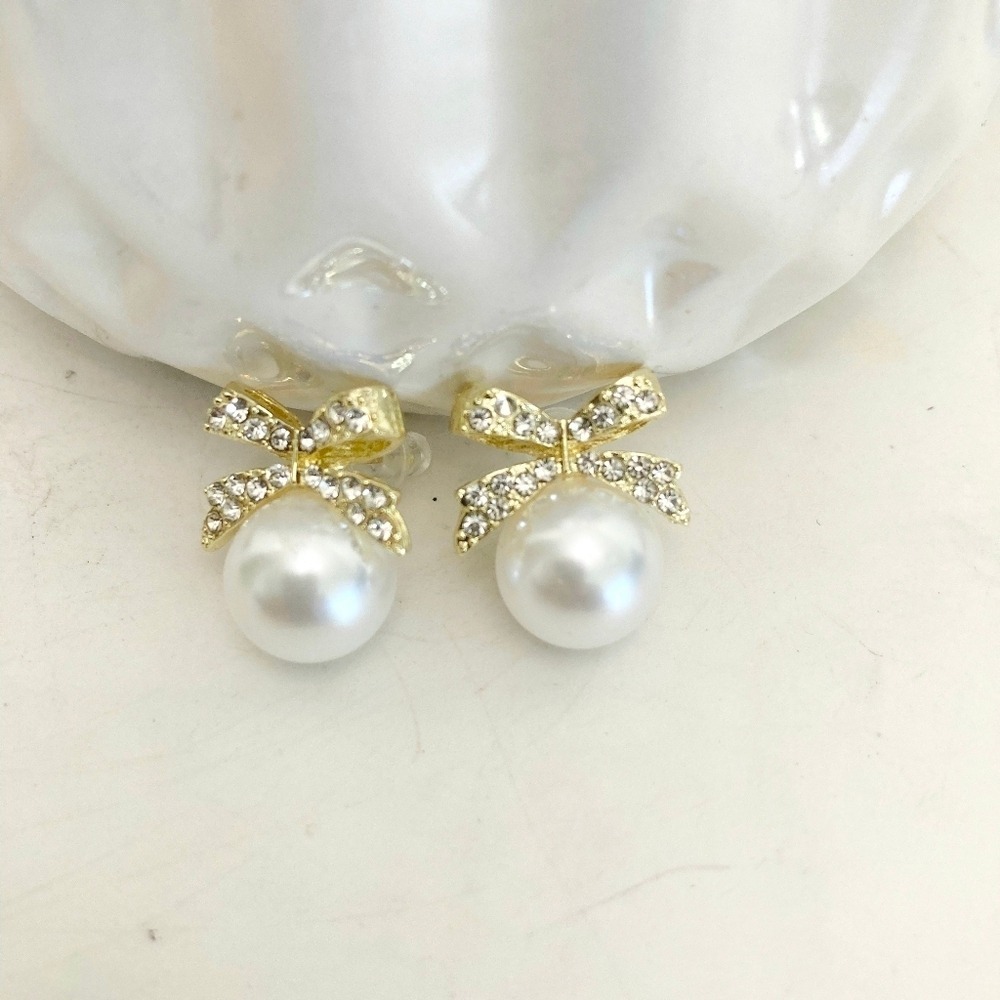 Gold Bow Stud Earrings 18K Faux Pearl Rhinestone Coquette Romantic 💖 - Picture 12 of 13